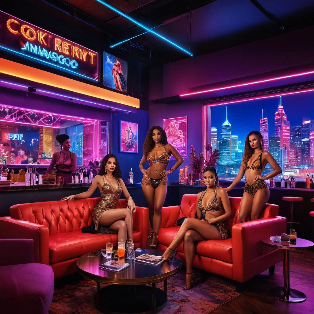 A colorful and vibrant collage depicting various aspects of adult entertainment, including elegant performers in dynamic poses, lively nightlife scenes with neon lights, and a cozy lounge setting with cocktails. Emphasize the diversity and inclusivity of the industry with different body types and styles. The backdrop transitions from a vibrant cityscape at night to intimate indoor spaces. Art style: super-realistic, vibrant colors, neon lights.