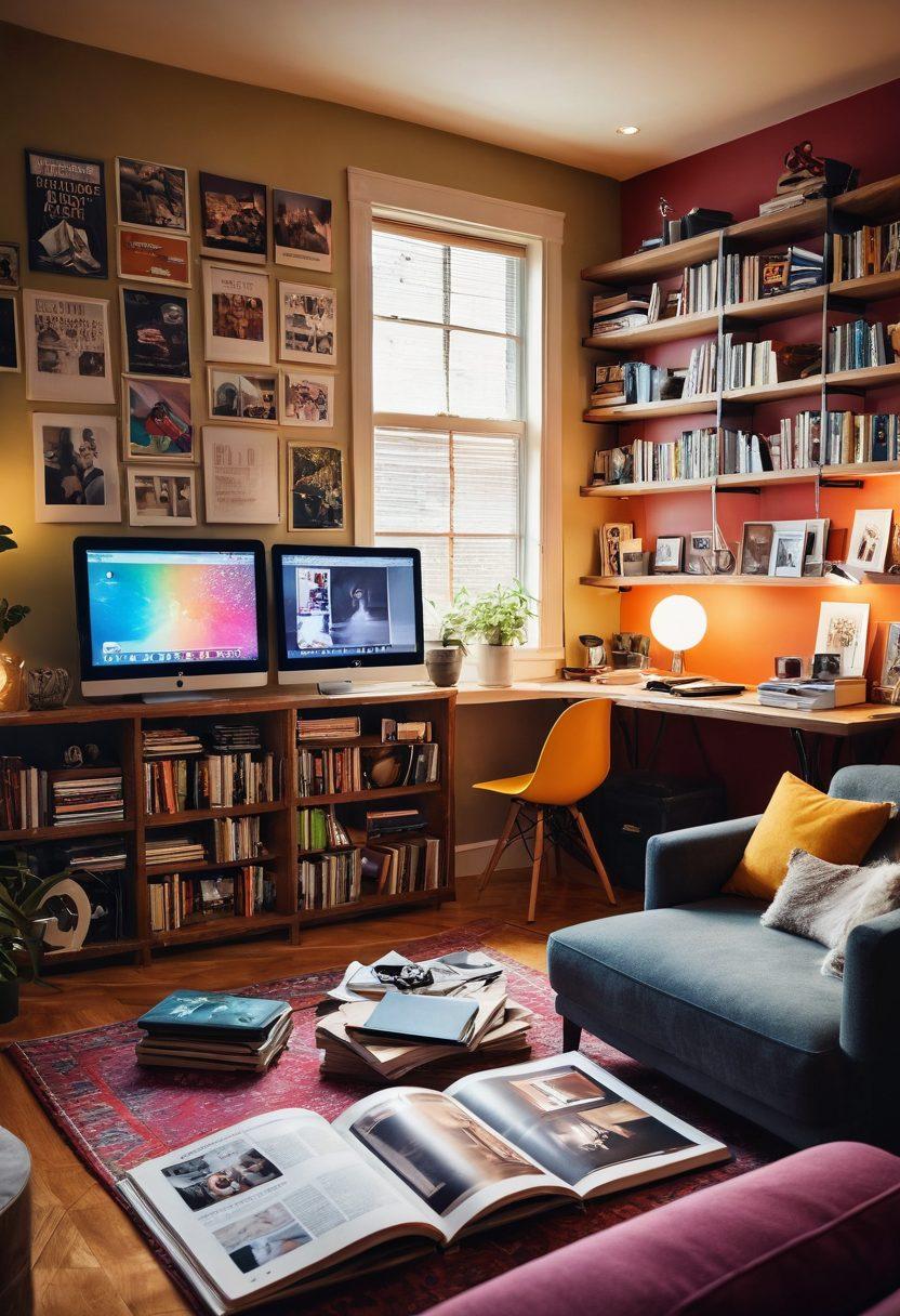 Create an inviting and vibrant scene showcasing an open book surrounded by a variety of media items like film reels, headphones, and colorful magazines. Illustrate a cozy setting with warm lighting, softly glowing screens playing snippets of stories and tips in the background. Include diverse characters engaged with the media, representing a range of demographics to emphasize inclusivity. The overall atmosphere should convey excitement and curiosity. vibrant colors. cozy ambiance.