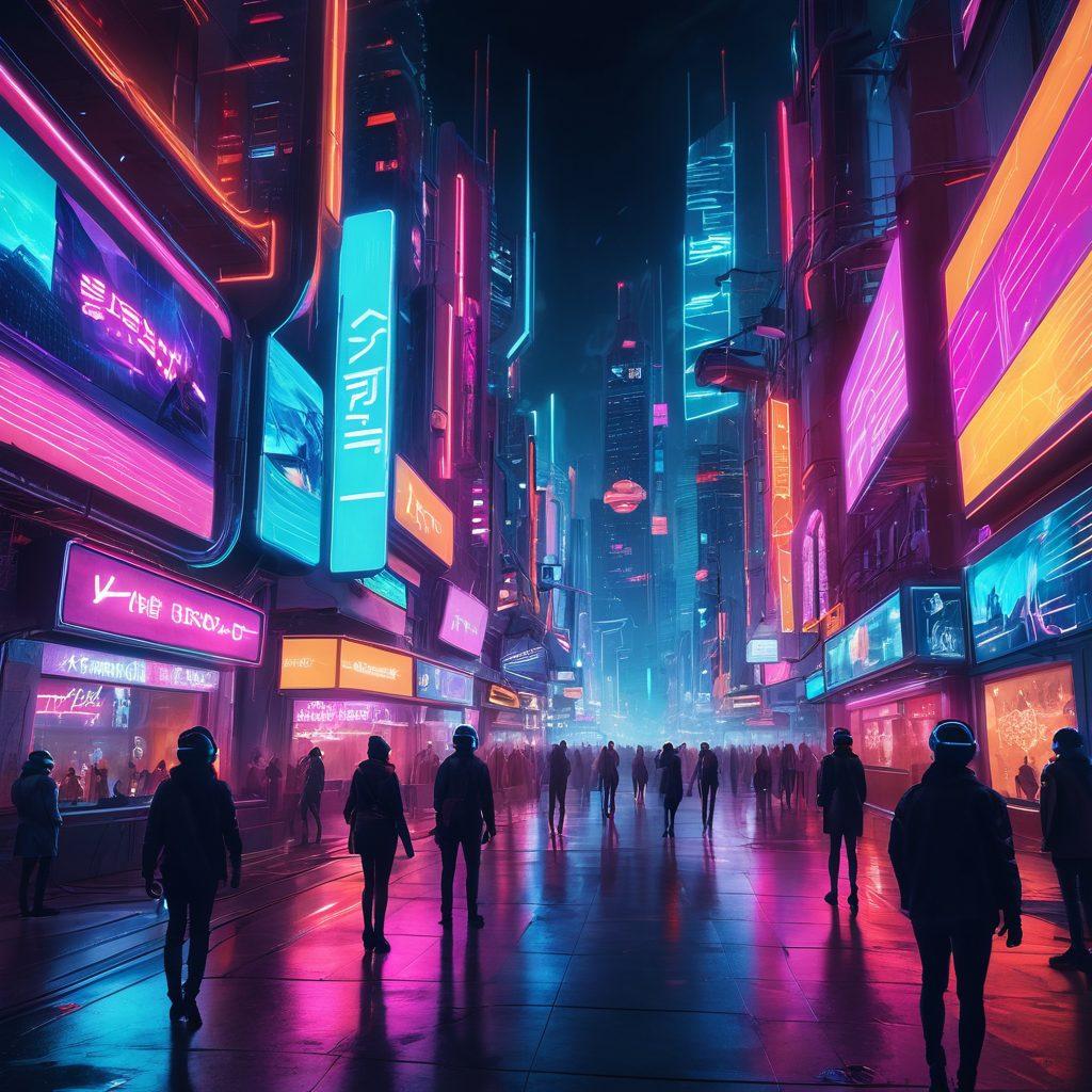 A futuristic cityscape with neon lights, showcasing a virtual reality headgear and digital screens displaying various adult entertainment content. Include a diverse group of people engaging with technology, emphasizing exploration and connection. The scene should invoke a sense of adventure and curiosity in the digital realm. Illustrate with dynamic movement and vibrant colors for an immersive effect. cyberpunk. vibrant colors. 3D.
